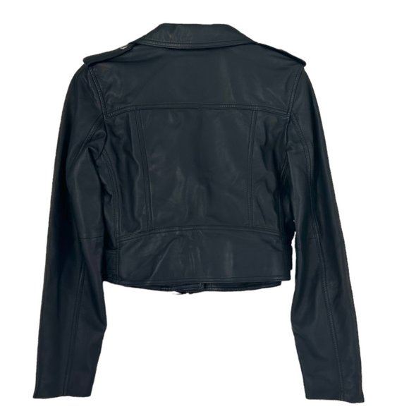 LTH JKT Mya Cropped Leather Moto Biker Jacket in Ocean Navy - Picture 3 of 8